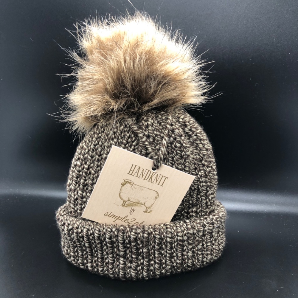 Baby Infant Brown Swirl w/Faux Fur Pom Pom Double Knit Beanie Hat 0-3 Mos, 3-6M